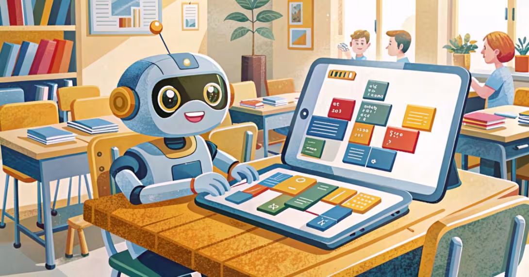 Robot educativo e tablet con codice a blocchi su un banco di classe luminoso