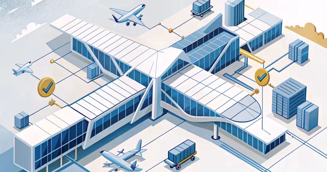 Pianta stilizzata di un terminal aeroportuale sovrapposta a schemi logistici e flussi operativi
