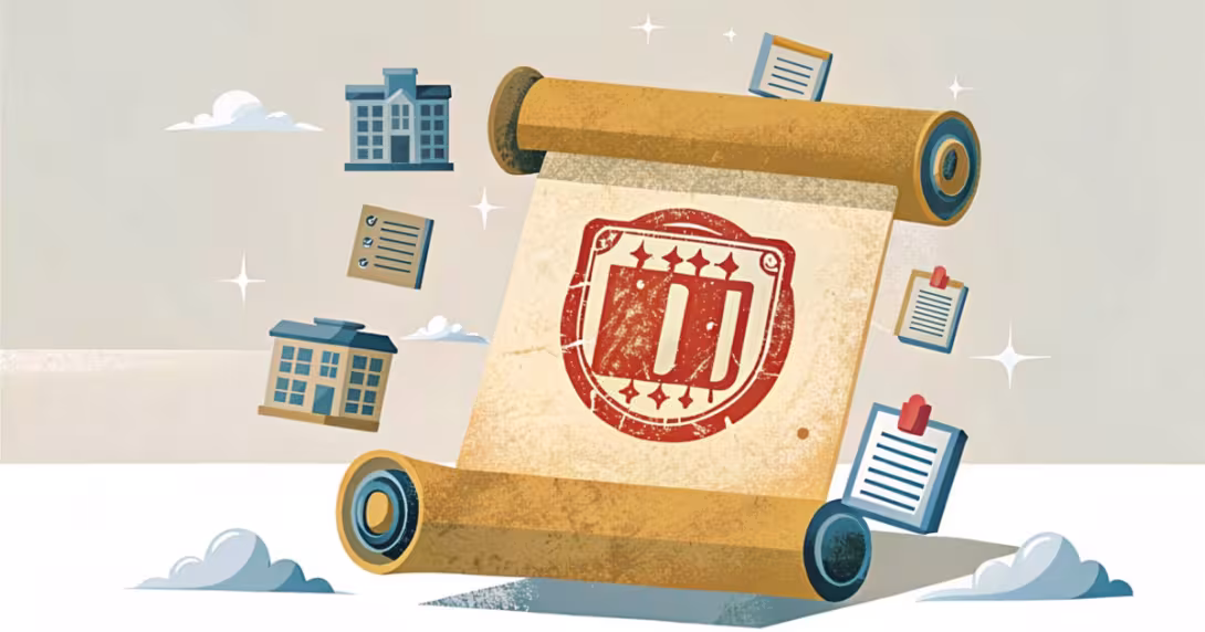 Documento ufficiale con timbro rosso e icone astratte di edifici scolastici