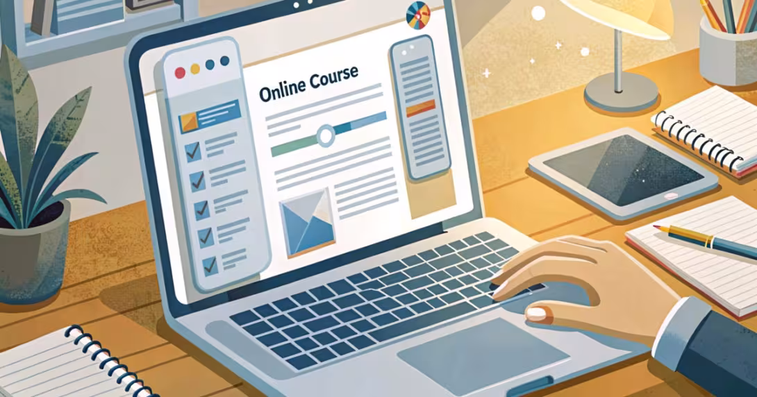 Schermo del laptop con interfaccia di corso online e barra di avanzamento su scrivania luminosa