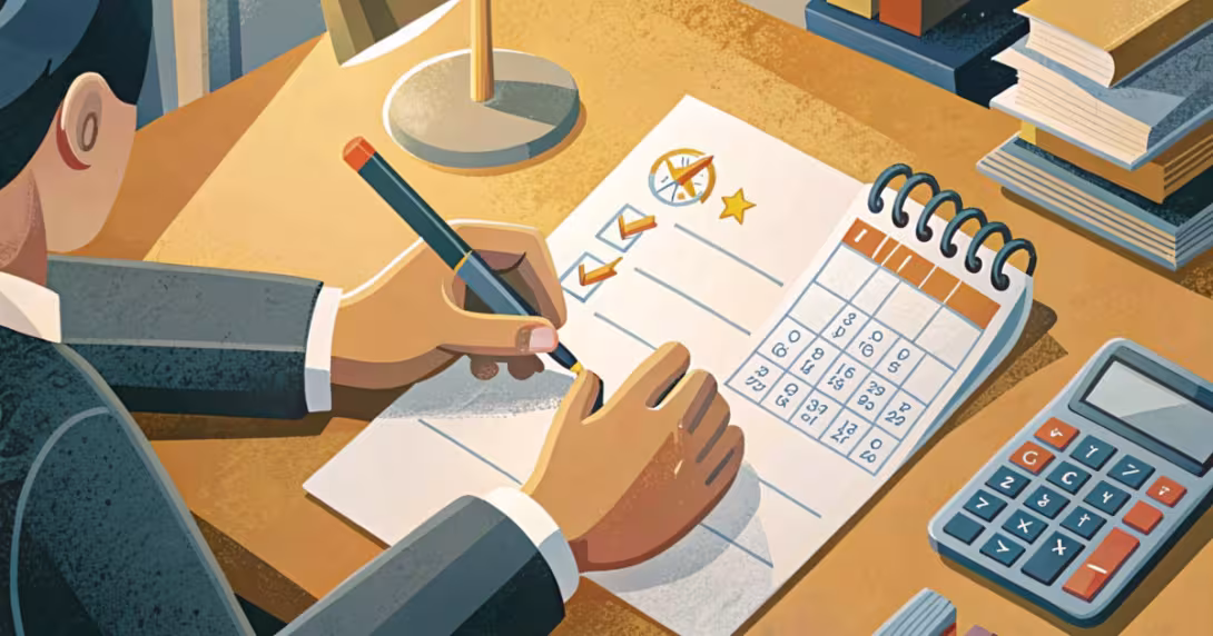 Mani che annotano date chiave su una lista con calendario e bussola sul tavolo di studio