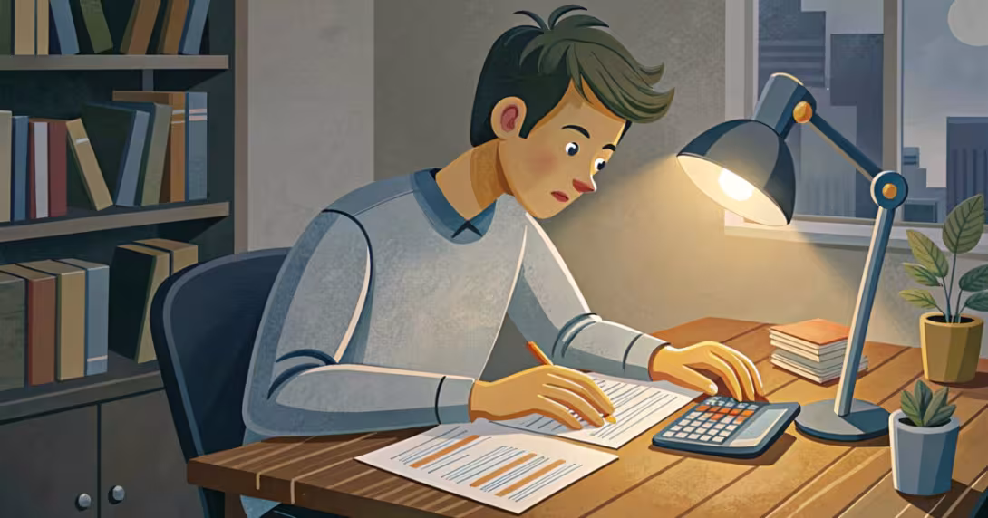 Studente universitario che esamina documenti finanziari e calcolatrice su una scrivania illuminata
