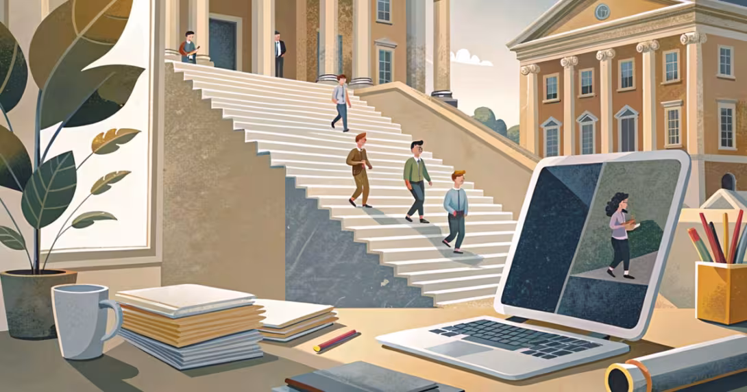 Scala geometrica che da un laptop sale verso un ateneo con colonne, figure in salita