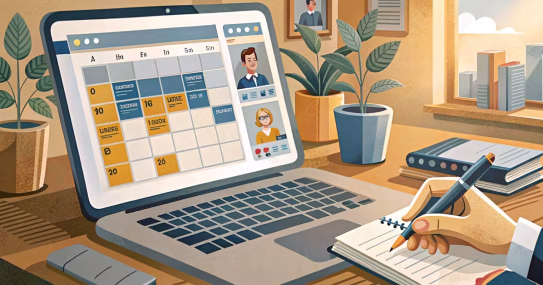 Laptop con calendario digitale di eventi e taccuino con appunti su un tavolo luminoso