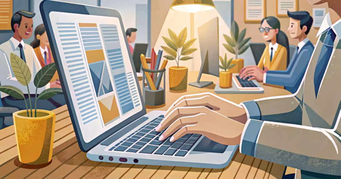 Mani che digitano su un laptop in un ufficio moderno e luminoso