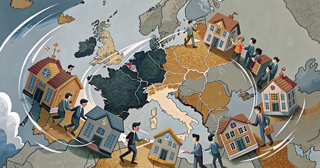 Mappa stilizzata dell'Europa con Francia e Italia e icone di scuole collegate da una catena
