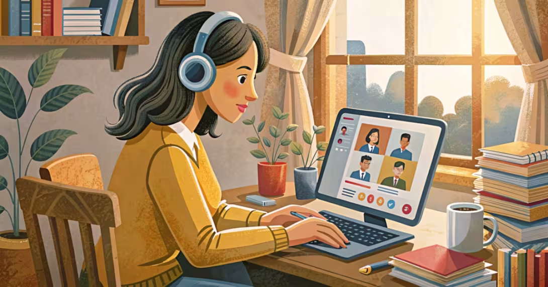 Giovane donna con cuffie segue un webinar da casa al laptop in un ambiente luminoso