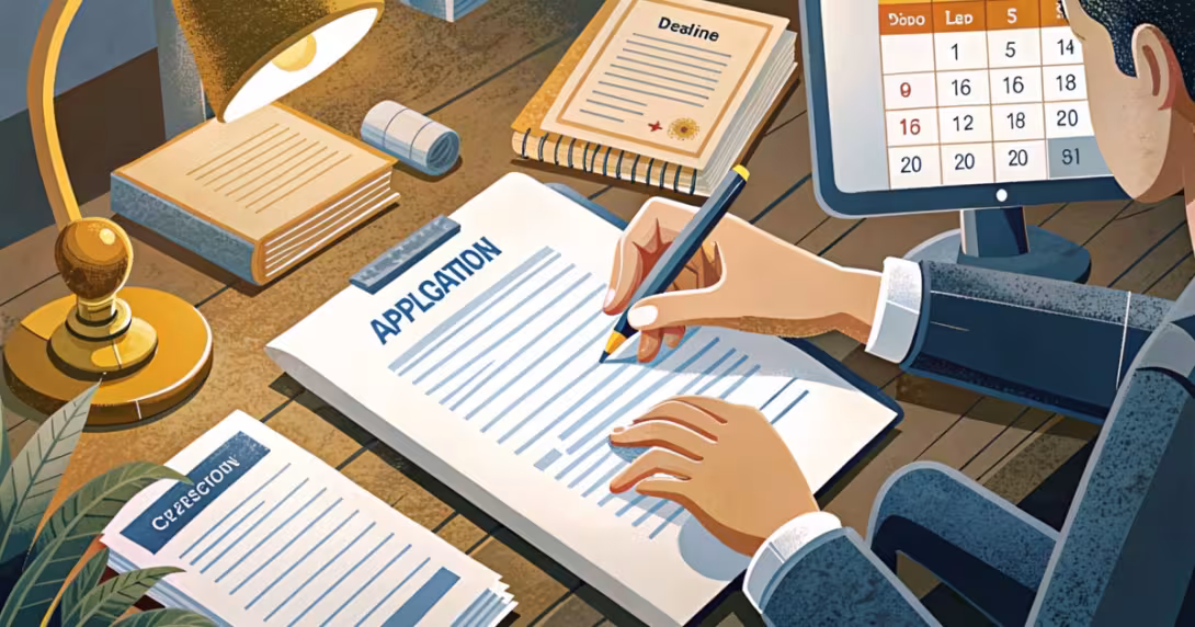 Mani che compilano un modulo di candidatura su una scrivania con certificato e tablet