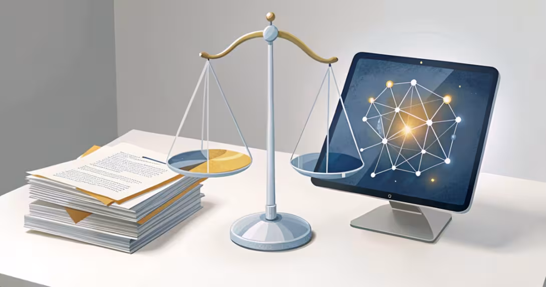 Bilancia in equilibrio tra documenti normativi e tablet con rete di intelligenza artificiale