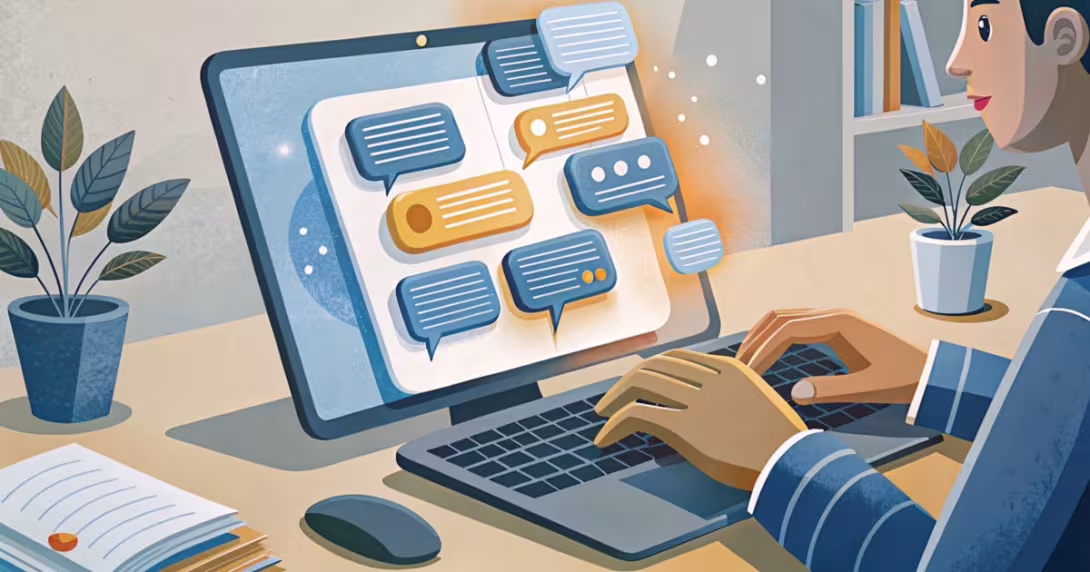 Mano di una studentessa che digita su un laptop con interfaccia di chat AI, luce soffusa