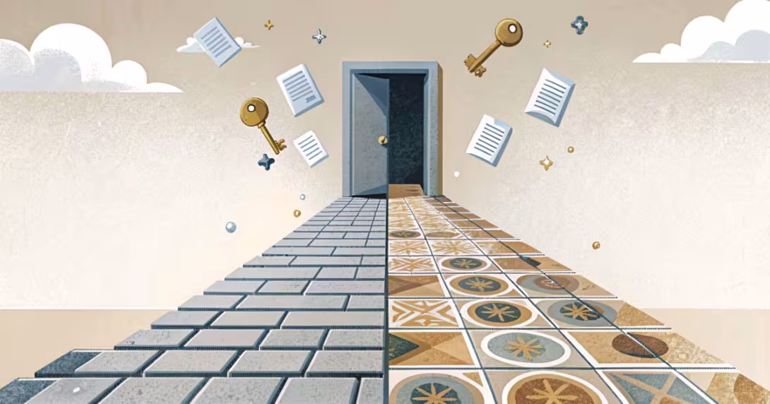 Due percorsi divergenti che convergono verso un'apertura, con forme sospese in un ambiente astratto