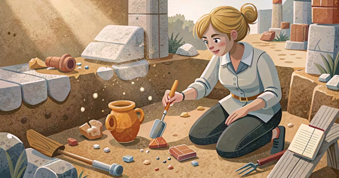 Giovane archeologa al lavoro in uno scavo a Pompei con pennello e trowel